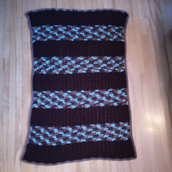 Handmade Crochet Afghan / Lap Blanket Dark Brown, Tan, & Teal 35"x 56" - Picture 1 of 4